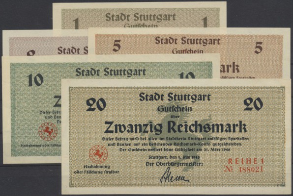 Stuttgart, Stadt, 1, 2, 5, 10, 20 Reichsmark, 1.5.1945, Erh. I, 5 Scheine
