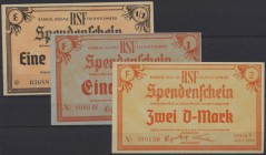 Düsseldorf, Radikal-Soziale Freiheitspartei, 1/2 DM, November 1948, Serie E, 1, 2 DM, Juli 1949, Serie F, Erh. I-, total 3 Scheine (davon 2 bei Schöne...