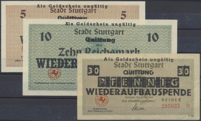 Stuttgart, Sadt, Wiederaufbauspende, 30 Pf. (auf 1 RM), Erh. II, 5, 10 Reichsmar...