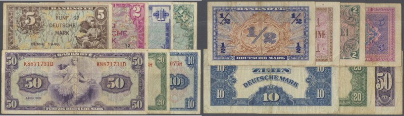 Lot mit 7 Banknoten 1/2, 1, 2, 5, 10, 20, 50 DM 1948, Kopfgeldserie, Ro. 230, 23...