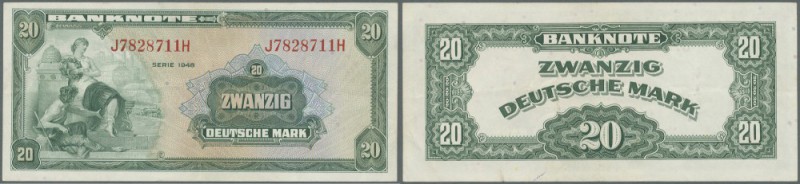 20 Deutsche Mark 1948, je 3-fach Quer-, Längs- Eckknick, min. verschmutzt, EH II...