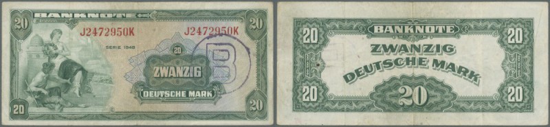 20 Deutsche Mark 1948 für West-Berlin mit B-Stempel, je 3-fach quer gefaltet, EH...