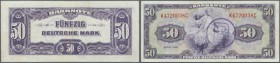 50 Deutsche Mark, Serie 1948 für Berlin mit ”B” Stempel (Ro. 243a), in leicht gebrauchter Erhaltung mit drei leichten vertikalen Falten, aber ohne Löc...
