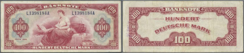 100 DM 1948, roter Hunderter, Ro.244 in gebrauchter Erhaltung mit kleinem Graffi...