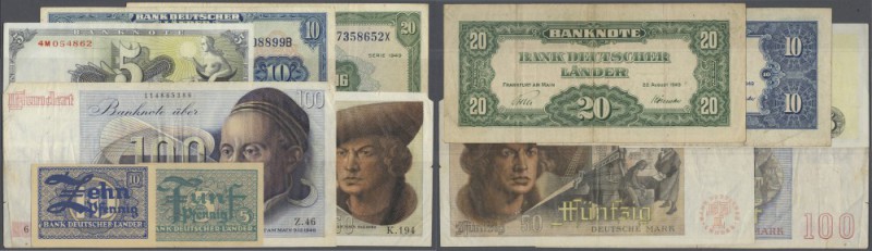 Lot mit 7 Banknoten, dabei 5 und 10 Pfennig in kassenfrischer Erhaltung, 5 DM Eu...