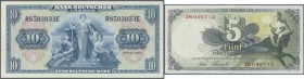 6x 10 Deutsche Mark 1949 mit fortlaufender Nr. R8503033E bis 38, alle kassenfrisch, dazu 5 DM 1948 (beschnitten ?) in EH III.
