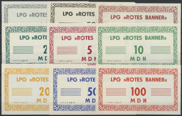LPG-Geld, ”Rotes Banner” (ohne Ortsangabe), 10, 50 Pf., 1, 2, 5, 10, 20, 50, 100...