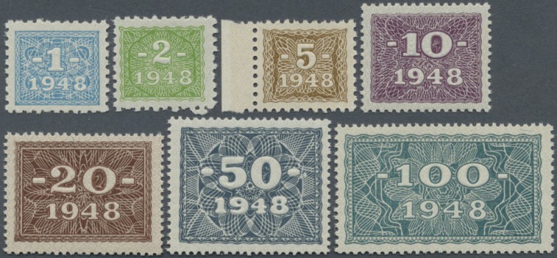 Set mit 7 Klebemarken für die Kuponausgaben von 1 bis 100 Mark 1948, Ro.330-338,...