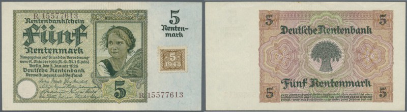 5 Rentenmark mit Klebemarke und brauner, statt roter KN, Ro.332F in leicht gebra...