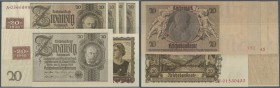 Set mit 6 Banknoten 20 Mark mit Klebemarke, dabei einmal ohne Unterdruck und Serie, weiterhin 20 Mark mit brauner statt roter KN, Ro.335F, 335 ohne Ud...