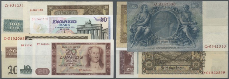 Lot mit 19 Banknoten von 1948 bis 1989, dabei 20 Mark Klebemarke auf 20 Reichsma...