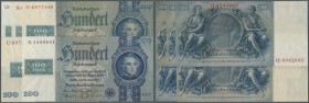 Lot mit 5 kassenfrischen Banknoten 100 Mark mit Klebemarke, dabei 2 Ausgaben mit brauner KN (Ro.338F), Ro.338b,c, 338F. Erhaltung: UNC (5 Banknoten)