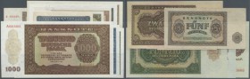 Lot mit 9 Banknoten der Deutschen Notenbank der DDR von 50 Pfennig bis 1000 Mark 1948, dabei die seltene Ausgabe 5 Mark mit 6-stelliger Seriennummer u...