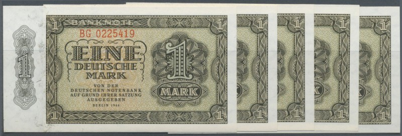 Set mit 6 Banknoten, davon 5 x 1 Mark 1948 kassenfrisch und fortlaufend nummerie...