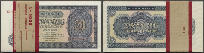 Bündel mit 50 Banknoten der Staatsbank zu 20 Mark 1955, Ro.351a, in kassenfrisch...