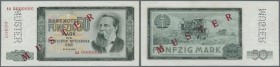 2 x 50 Mark 1964 Muster, dabei einmal Staatsbankmuster mit Perforation und rotem Aufdruck ”Muster”, Serie AA0000000 und zusätzlichem Musterstempel 000...