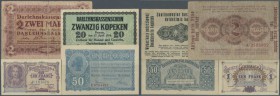 Kleines Lot mit 4 Besetzungsausgaben WW I, dabei Belgien 1 Franc 1916 in leicht gebraucht, Darlehenskasse Ost 20 Kopeken stärker gebraucht, 2 Mark 191...