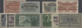 Darlehenskasse Ost: Lot mit 5 Banknoten beider Darlehenskassen, dabei 10 Rubel in leicht gebraucht, 100 Rubel in gebraucht, 5 Mark in gebraucht, 50 Ma...