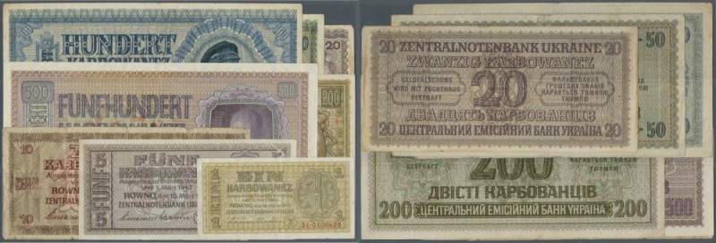 Ukraine: set mit 8 Banknoten der Zentralnotenbank mit Ausgaben zu 1, 5, 10, 20, ...