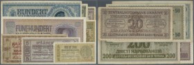Ukraine: set mit 8 Banknoten der Zentralnotenbank mit Ausgaben zu 1, 5, 10, 20, 50, 100, 200 und 500 Karbowanez 1942, Ro.591, 593-599 in gebrauchter, ...