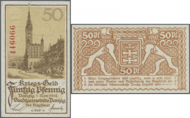 Danzig: 50 Pfennig 1918, Ro.788 in leicht gebraucht mit senkrechtem Mittelknick ...
