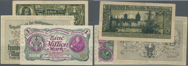 Danzig: kleines Lot mit 3 Banknoten zu 100 Mark, 1 Million und 10 Millionen Mark...