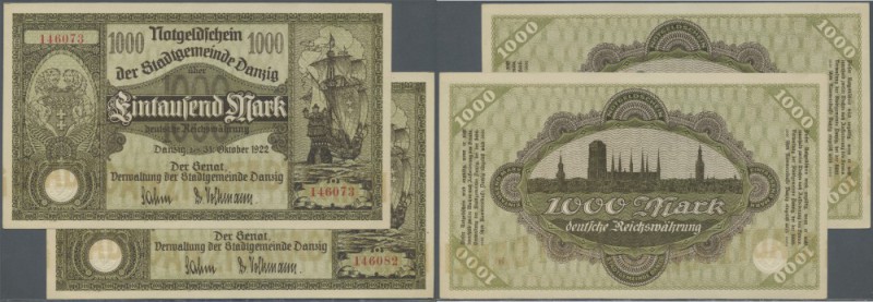 Danzig: 2 Banknoten zu 1000 Mark 1922, Ro.794, einmal mit kleinem Knick unten li...