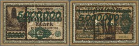 Danzig: 5 Millionen Mark 1923, Überdruck auf 50.000 Mark, Ro.803, stark gebrauchte Note mit diversen Einrissen (3 cm am linken Rand und kleinere entla...