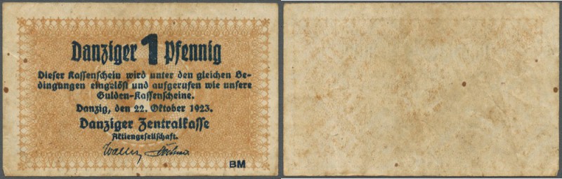 Danzig: 1 Pfennig 1923, Ro.811, gebraucht mit diversen kleinen Flecken und Knick...
