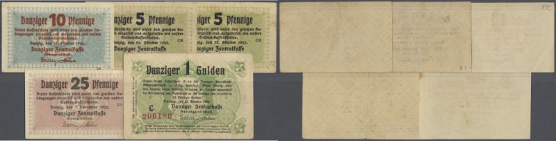 Danzig: kleines Lot mit 4 Banknoten, 2 x 5 Pfennig 22.10.1923, 10 Pfennig Oktobe...
