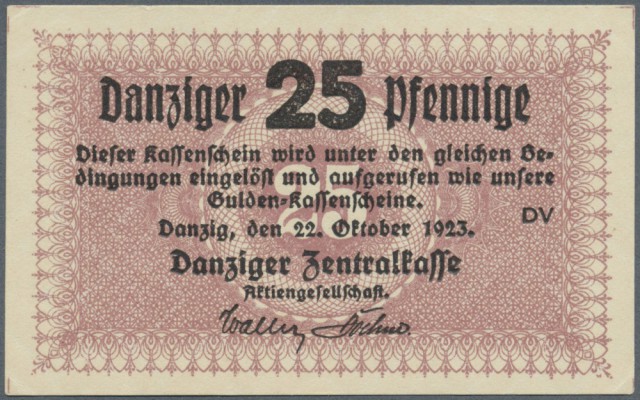 Danzig: 25 Pfennige 1923, Ro.815, leichter senkrechter Bug am linken Rand und mi...