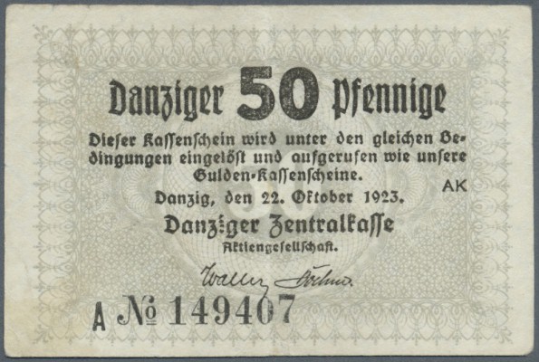 Danzig: 50 Pfennige 1923, Ro.816b, gebraucht mit kleinen Knickstellen, Fleck auf...