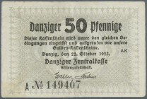 Danzig: 50 Pfennige 1923, Ro.816b, gebraucht mit kleinen Knickstellen, Fleck auf der Rückseite rechts unten wahrscheinlich gewaschen und gepresst. Erh...