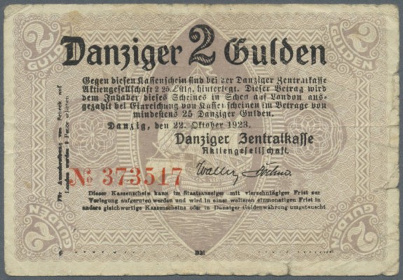 Danzig: 2 Gulden 1923, stärker gebraucht mit diversen kleineren Einrissen entlan...