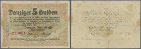 Danzig: 5 Gulden 1923, Ro.819, hübsche Gebrauchserhaltung mit einigen Knicken und kleineren Flecken auf der Rückseite. Erhaltung F+ // Danzig: 5 Gulde...