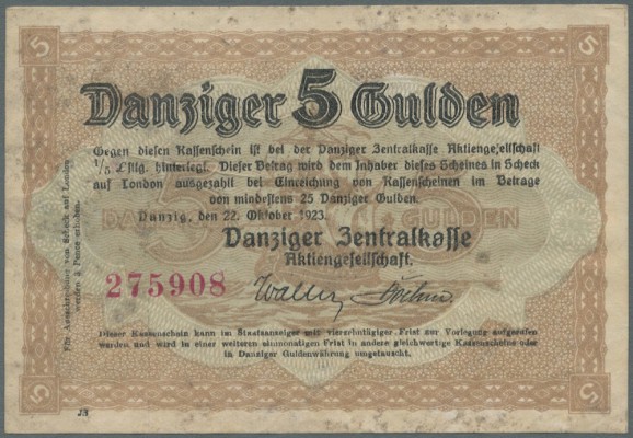 Danzig: 5 Gulden 22.10.1923, einseitig, Danziger Kogge, Ros. 819, sehr fleckig, ...
