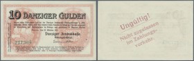 Danzig: 10 Gulden 1923, Ro.820, minimal bestoßene Ecke rechts unten, sonst kassenfrisch. Selten! // Danzig: 10 Gulden 1923, P.41, tiny dint at lower r...