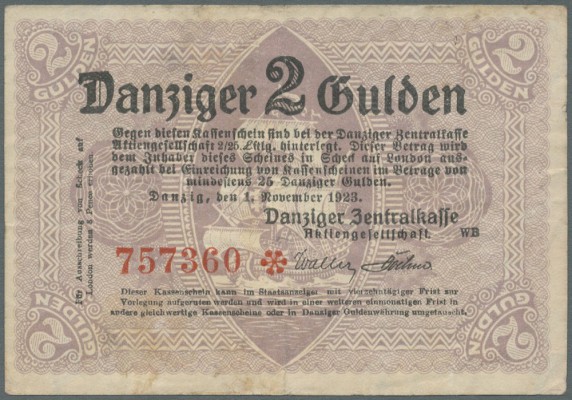 Danzig, 2 Gulden, 1.11.1923, einseitig, Danziger Kogge, Ro. 829, fleckig, Erh. I...