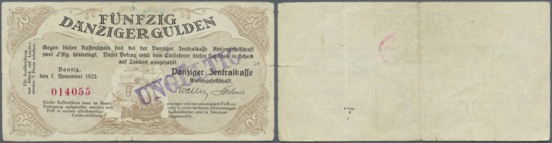 Danzig: 50 Gulden 1923, Ro.831, gebraucht mit Graffiti am oberen Rand, kleine Ei...