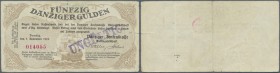 Danzig: 50 Gulden 1923, Ro.831, gebraucht mit Graffiti am oberen Rand, kleine Einrisse rechts, links und unten am Rand (0,5 cm am rechten Rand), mehre...