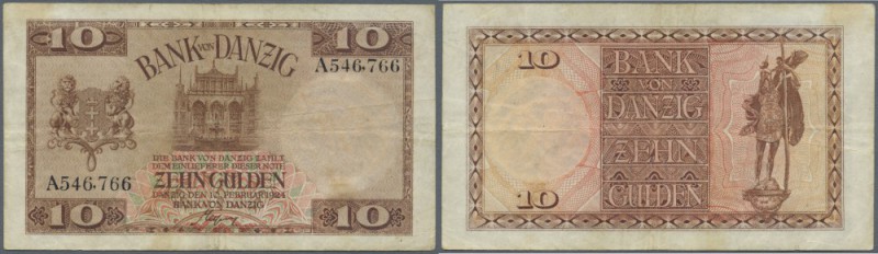 Danzig: 10 Gulden 1924, Ro.833a, stärker gebraucht mit diversen Knicken und Flec...