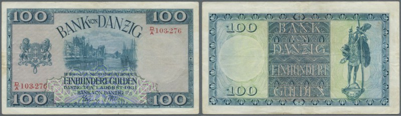 Danzig: 100 Gulden 1931, Ro.841, gebraucht mit mehreren Knicken, Flecken am link...