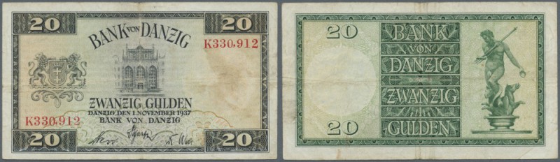 Danzig: 20 Gulden 1937, Ro.844a, gebraucht mit Flecken und diversen Knicken, kle...