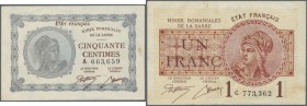 Saar: 50 Centimes und 1 Franc 1920, Ro.865, 866 in schöner Gebrauchserhaltung (2 Banknoten) // Saar: 50 Centimes, 1 Franc 1920, P.1 and 2 in nice used...