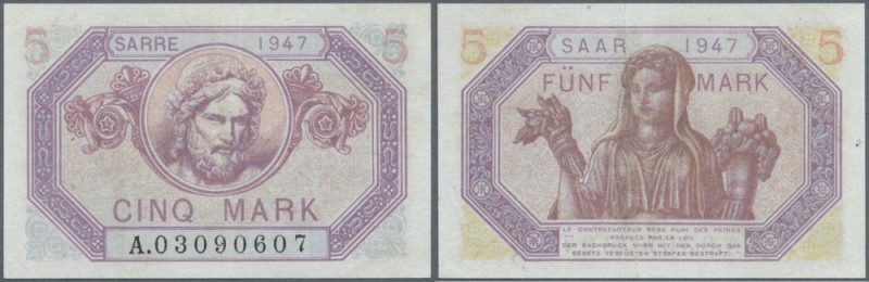 Saar: 5 Mark 1947, Ro.869 in gebrauchter Erhaltung, sehr schöne farbfrische Note...