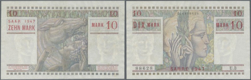 Saar: 10 Mark 1947, Ro.870 in sehr schöner farbfrischer Erhaltung mit Knicken (v...