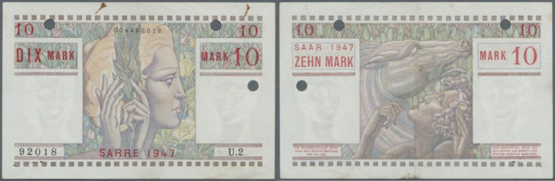 Saar: 10 Mark 1947, Ro.870, dreimal gelocht, rostige Spuren von Büroklammern, Na...