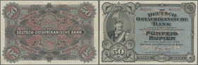 Deutsch-Ostafrika: 50 Rupien 1905, Ro.902d in ausgezeichneter Erhaltung, sehr farbfrischer Schein mit senkrechtem und waagerechtem Mittelknick und lei...