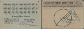 Ravensbrück: Prämienschein über 1 Reichsmark und Warenwertmarke der Kantine ND(1939-45), in gebrauchter Erhaltung.