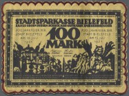 Bielefeld, 100 Mark, 15.7.1921, gelbe Seide, Umschrift ”FRANZÖSISCHER VERTRAGSBRUCH ...”, mit Bogenrand, Rückseite ganzflächig bestickt, Erh. I, von g...